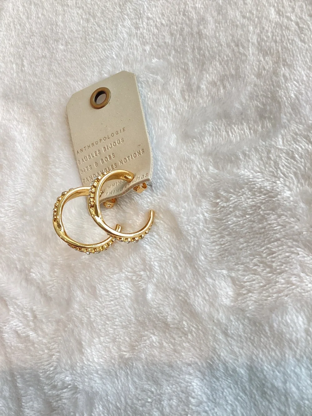 Anthropologie Gold Plated Crystal Column Twist Hoop Earrings New